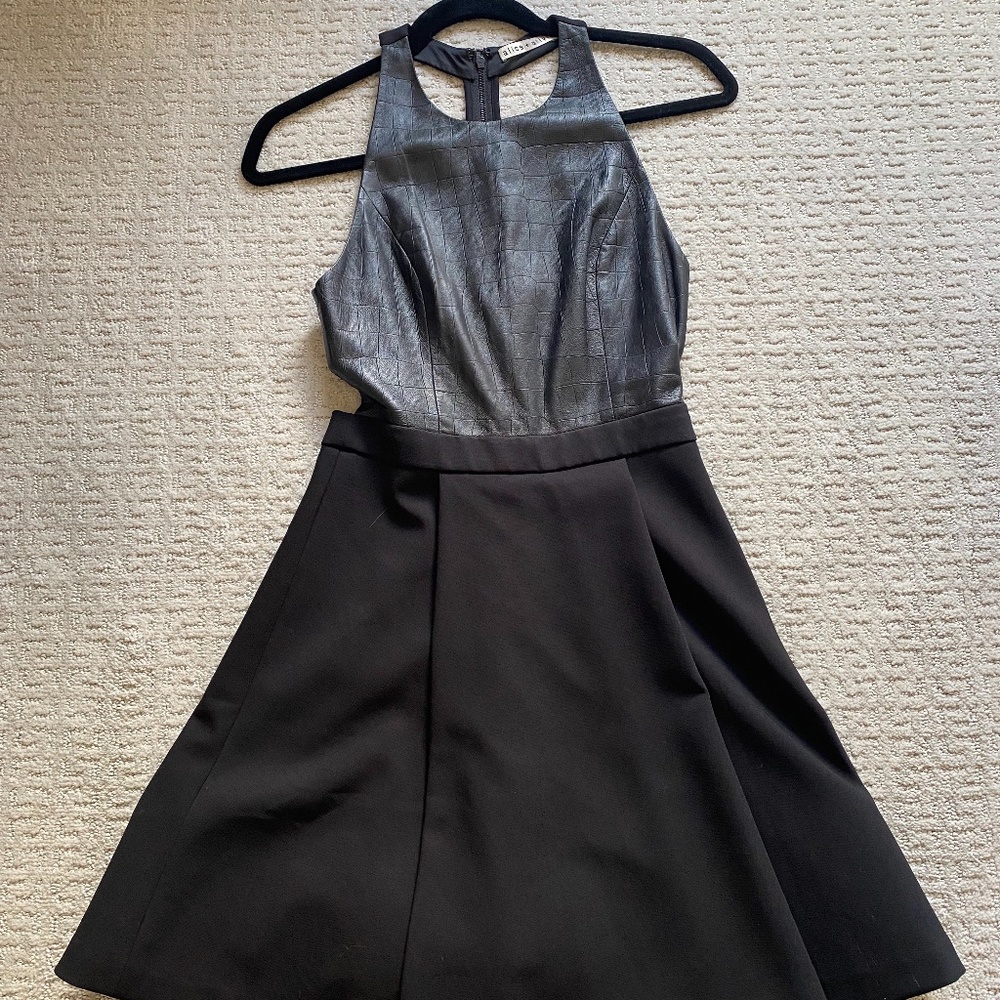 Alice + Olivia Black halter dress with leather top and flared bottom